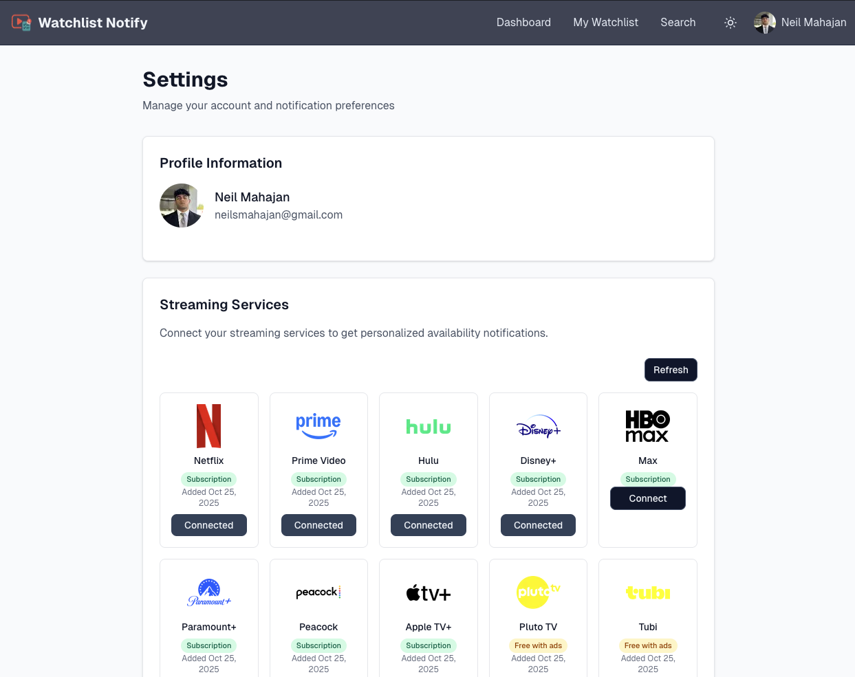 Watchlist Notify - Settings: Streaming Services